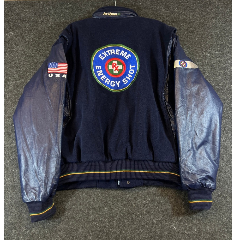 Vintage 90s Arizona Tea Varsity Jacket Navy Blue Leather Sleeves XL Bomber USA